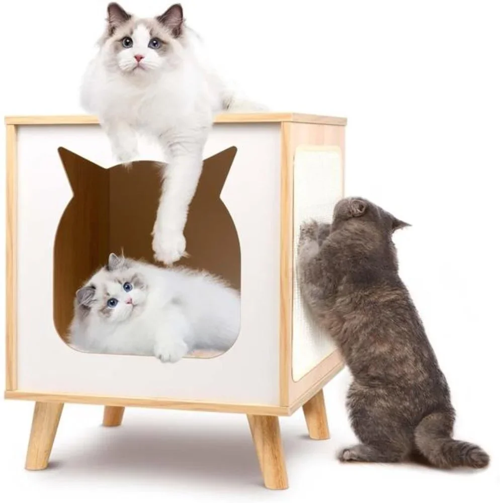 Wooden Cat House, Cat Condo Wood Kitten Hidden Cave TV Cat Bed with Cushion